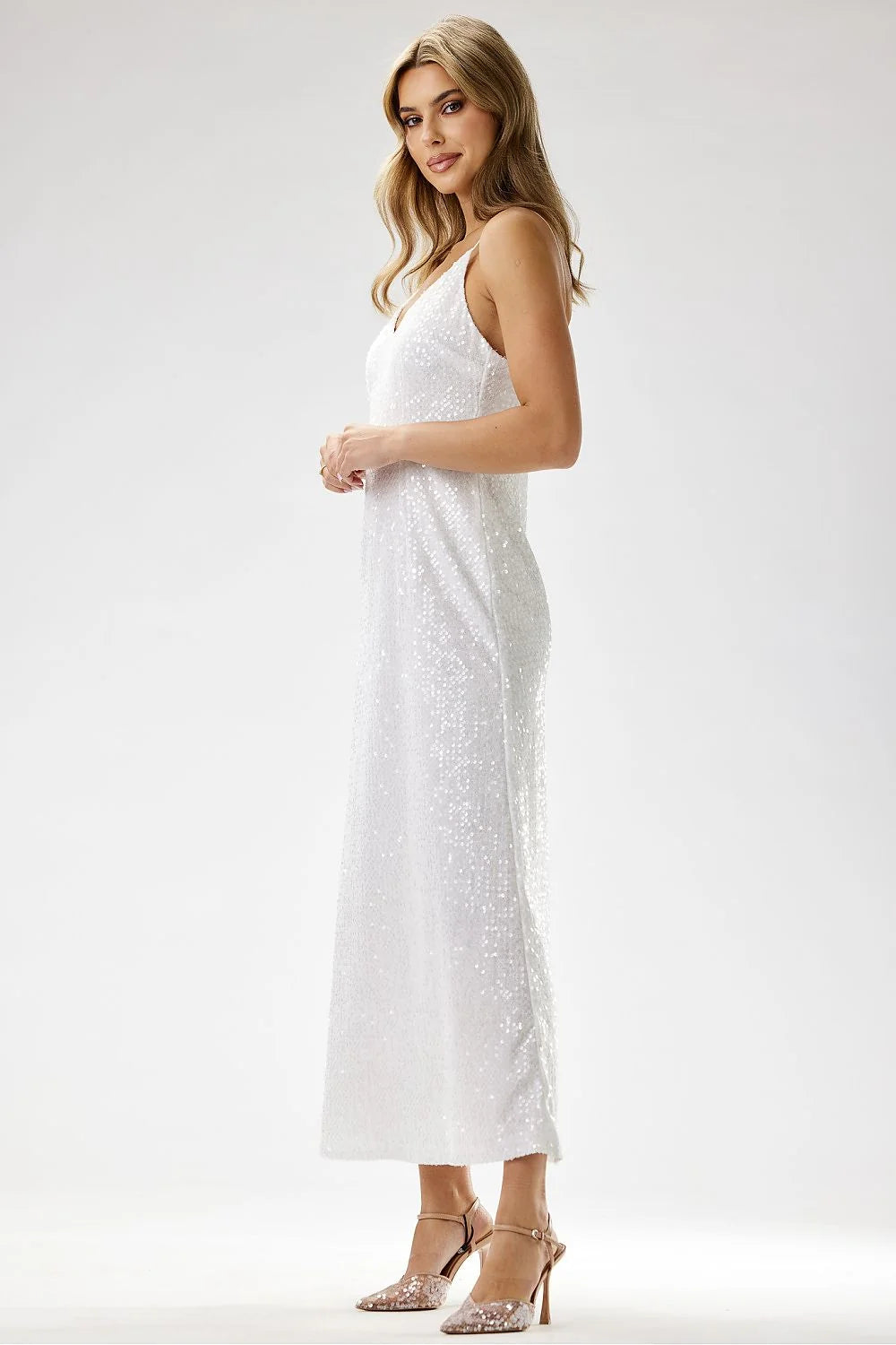 Robe longue élégante soirée velours paillettes encolure V bretelles fines dos nu occasions spéciales femmes