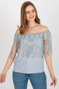 Chemisier AT été élégant romantique dentelle franges bleu clair sans manches tour de poitrine ajustable femme