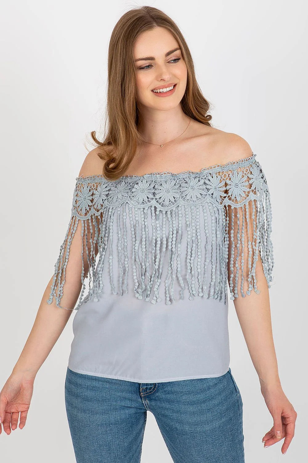 Chemisier AT été élégant romantique dentelle franges bleu clair sans manches tour de poitrine ajustable femme