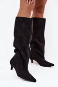 bottes femme hautes suédine noir pullon tige froncée bout pointu talon bas coutures avant allongeantes jambe élancée confortables écologiques douces