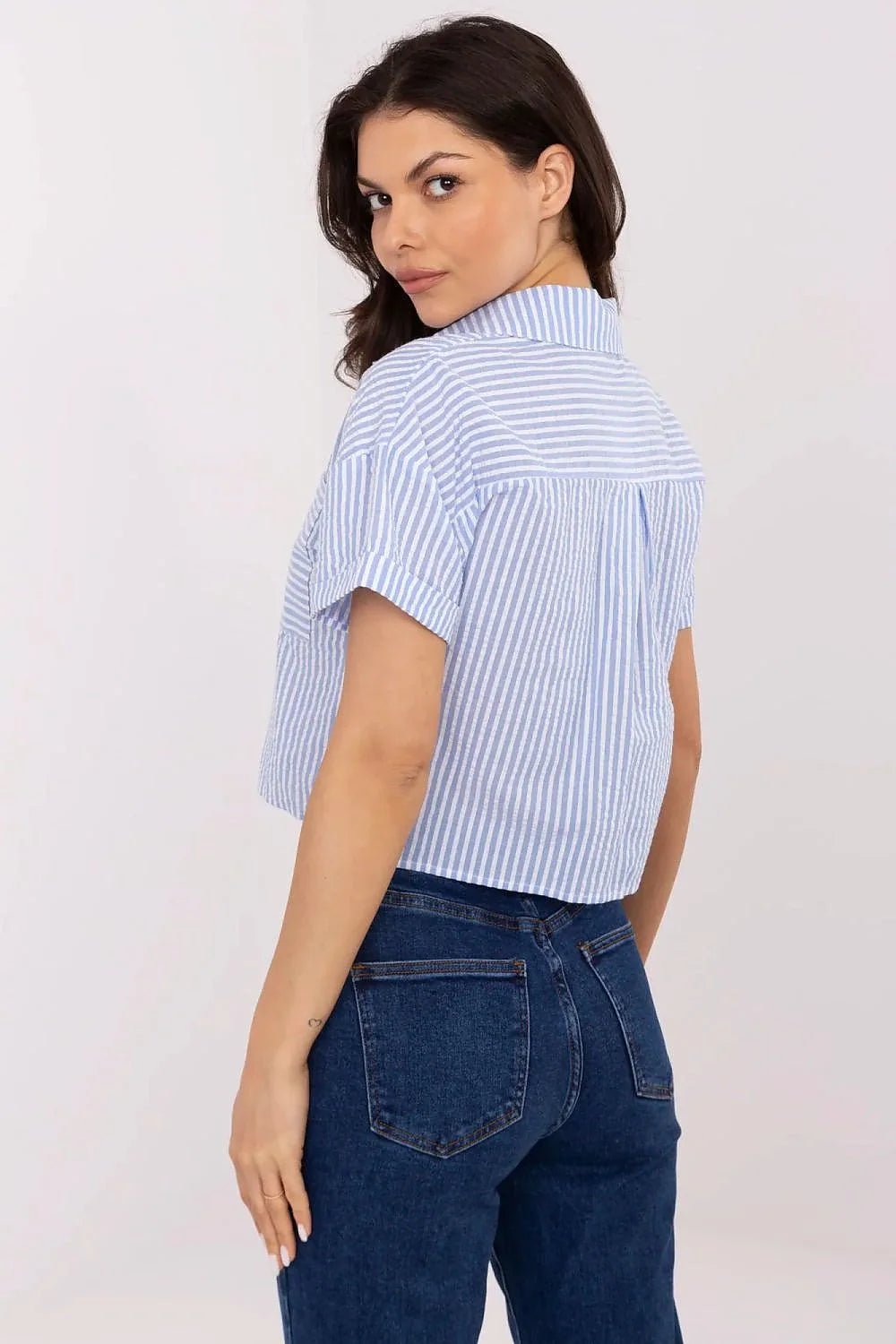 Chemise manche courte femme rayures bleu blanc col classique coton respirant poche poitrine été