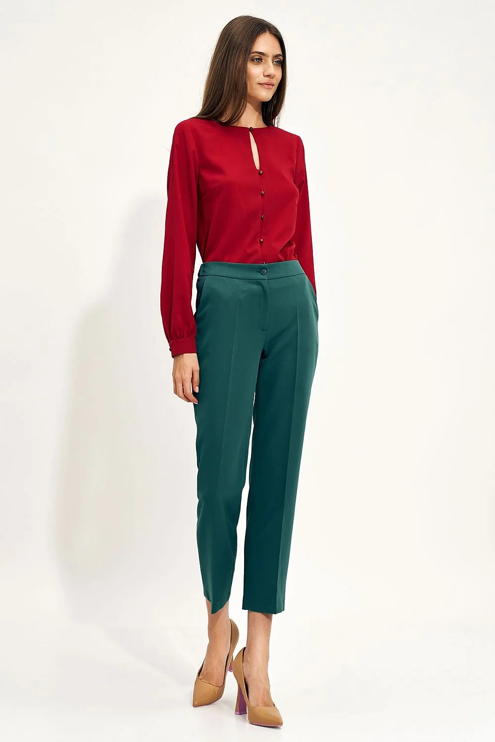 Pantalon femme Nife élégant vert foncé coupe droite taille élastique polyester élasthanne occasion professionnelle