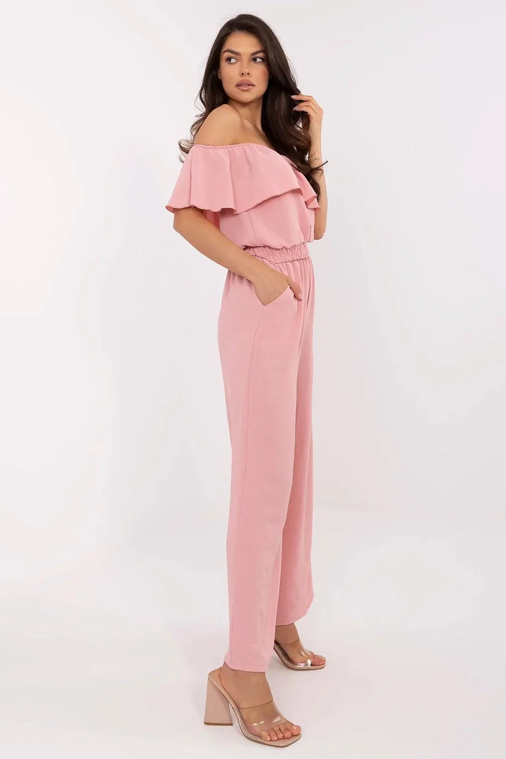 Combinaison Italie Moda élégante pour femme coupe ample encolure Bardot volants couleur pastel poches latérales