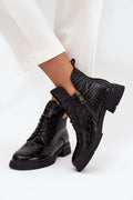 bottines femme Vinceza cuir naturel croco embossé noir tige cheville doublure fourrure talon bas zip latéral lacets boucle métal décorative