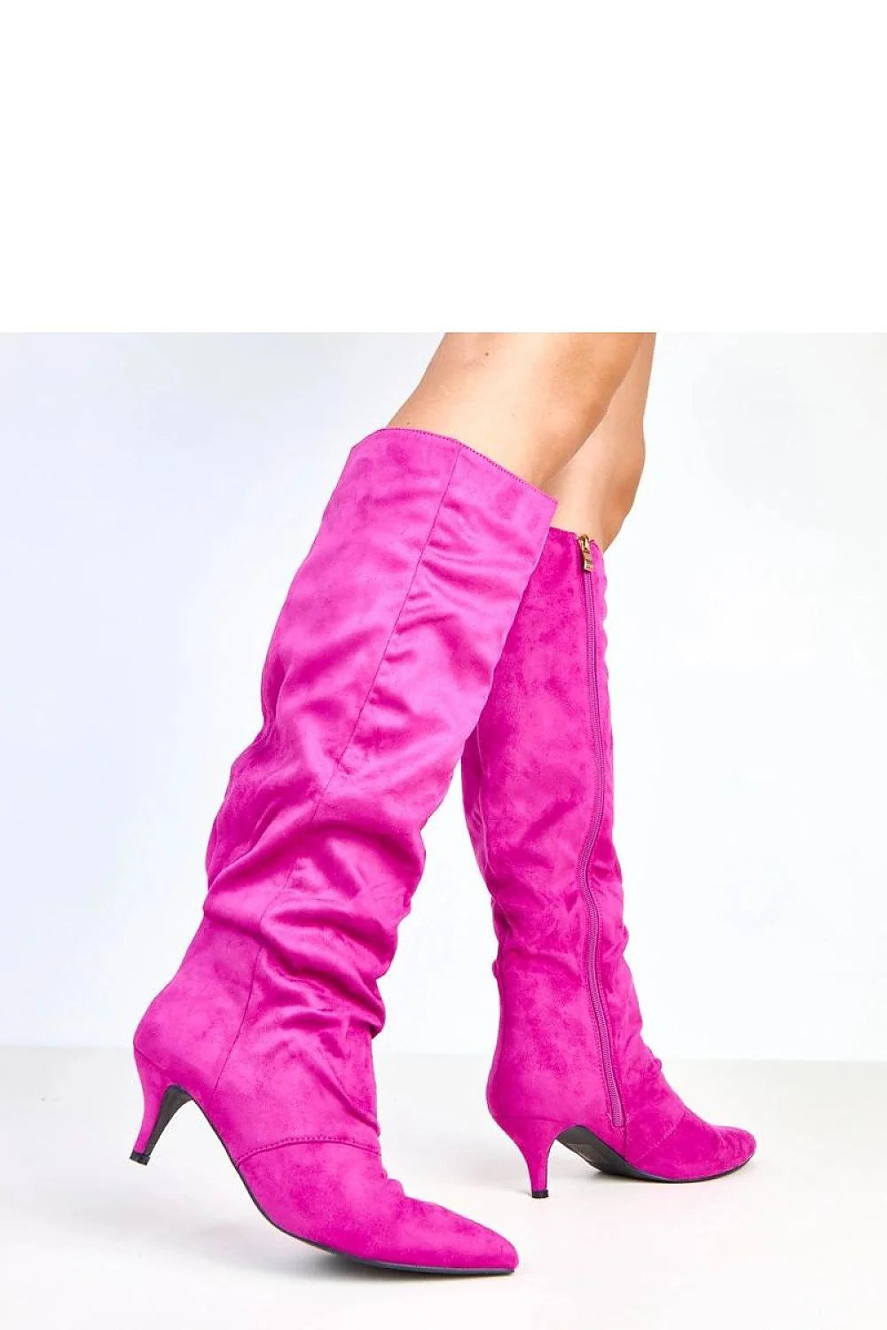 bottes femme cuir suédé écologique fuchsia hauteur genou tige fermeture éclair latérale bout pointu talon bas 6cm confortable