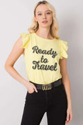 Top mode femme sans manches en coton graphique Ready to Travel ruffle neckline pastel yellow casual chic