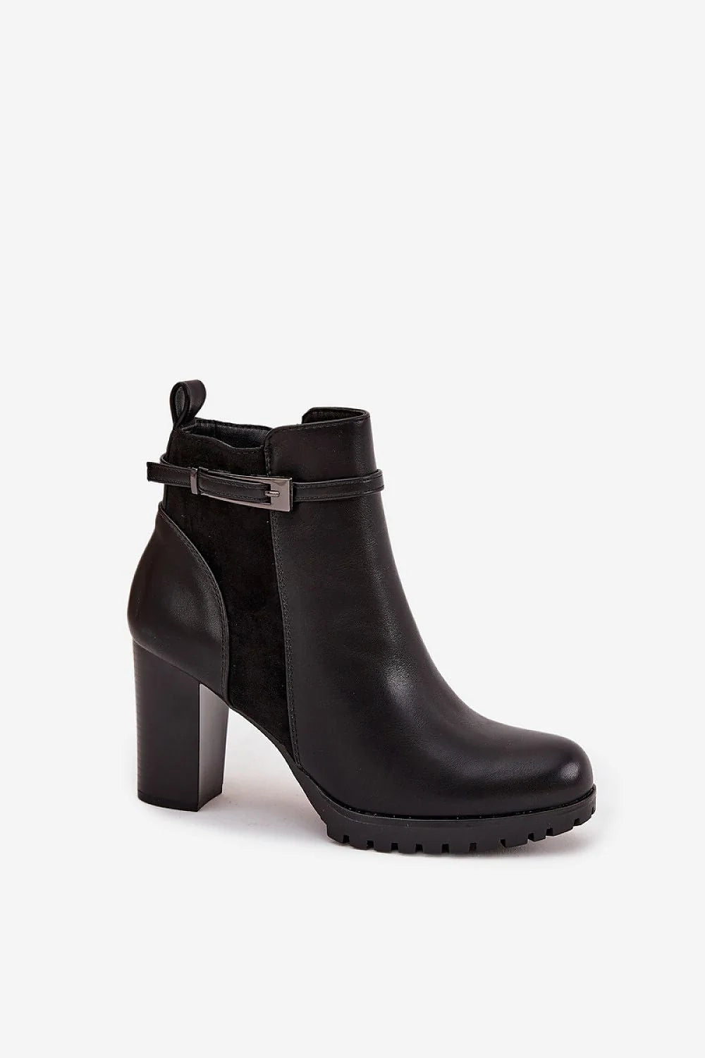 bottines femme cheville simili cuir noir effet lisse suédine talon pilier haut stable semelle crantée antidérapante fermeture zippée bride boucle