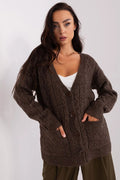 Cardigan femme en laine marron foncé col V profond boutons marron manches longues poches rib côtelé coupe ample