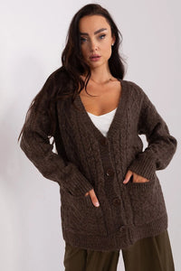 Cardigan femme en laine marron foncé col V profond boutons marron manches longues poches rib côtelé coupe ample