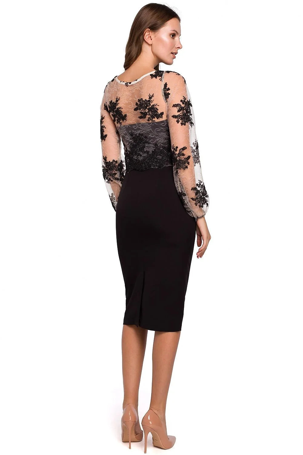 Robe élégante en dentelle noire motifs floraux manches longues ajustable pour événements et soirées femmes