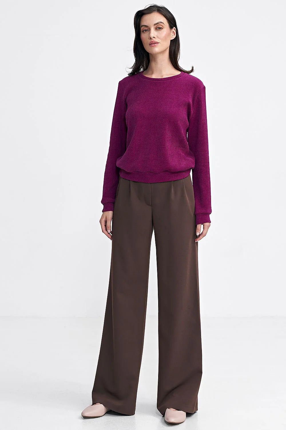Chemisier Nife pour femme en tricot côtelé fuchsia style classique manches longues col rond