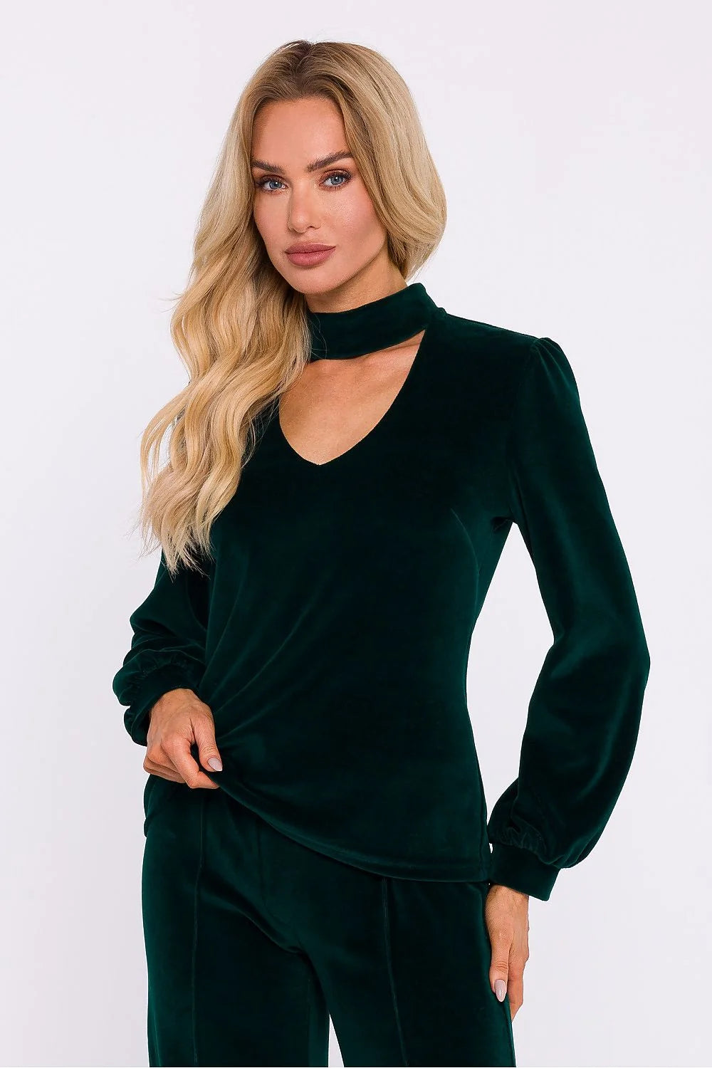 Ensemble velouté femme vert foncé haut manches longues épaules bouffantes pantalon taille ajustable occasion élégante