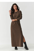 robe longue maxi casual manches longues col rond coupe droite décontractée marron cacao jersey doux légèrement extensible fente latérale cheville