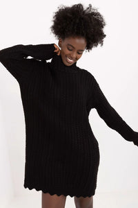 Robe pull maille torsadée noire femme tricot épais manches longues col roulé style cosy hiver