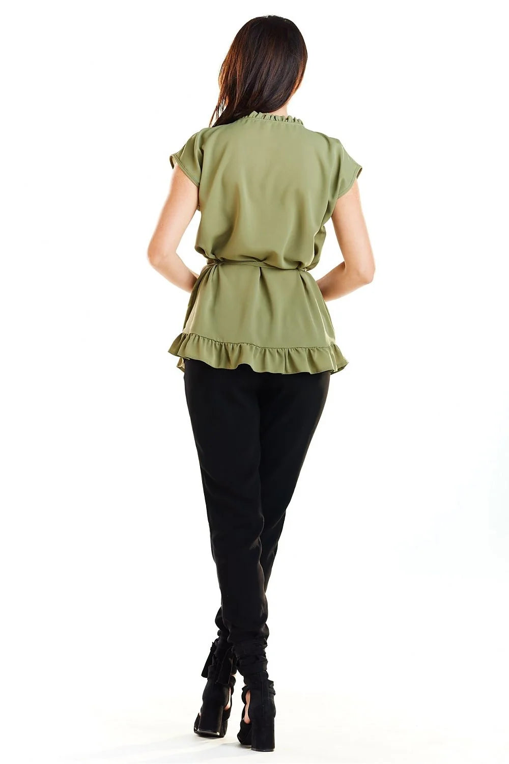 Blouse élégante en polyester vert olive avec nœud, ceinture, ourlet volanté pour femmes modernes