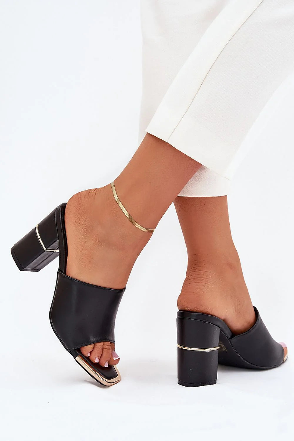 sandales mules femme talon compensé bloc 9cm cuir artificiel noir doré minimaliste ouvert bout carré large bride maintien confortable