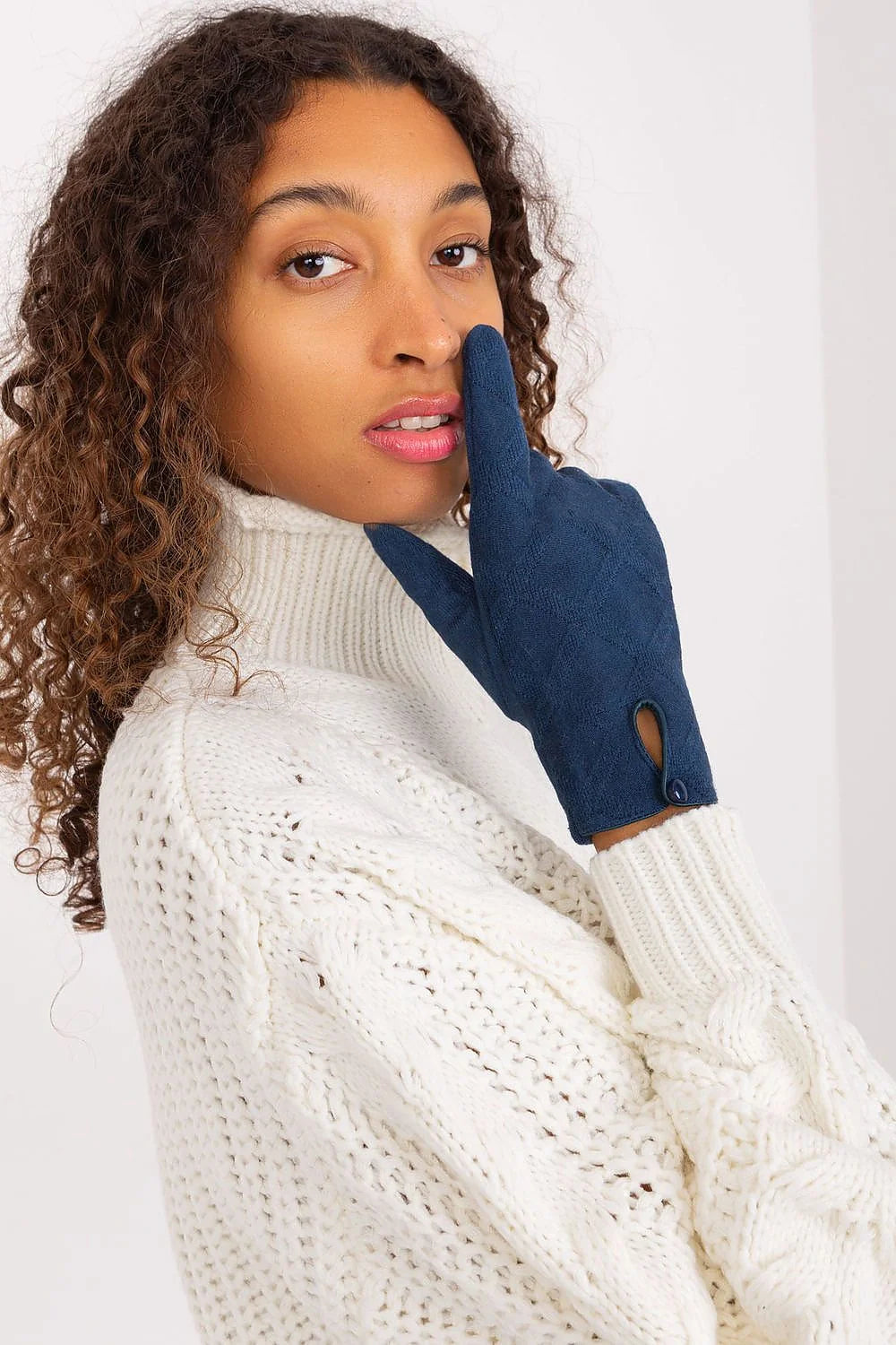 Gants élégants pour femmes en tissu isolant motif géométrique bleu marine index brodé confortable style chic coupe ajustée