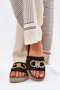 sandales mules plateforme femme suédine noire bout ouvert slipon enfiler chic décontracté doré strass semelle liège jute rembourrée