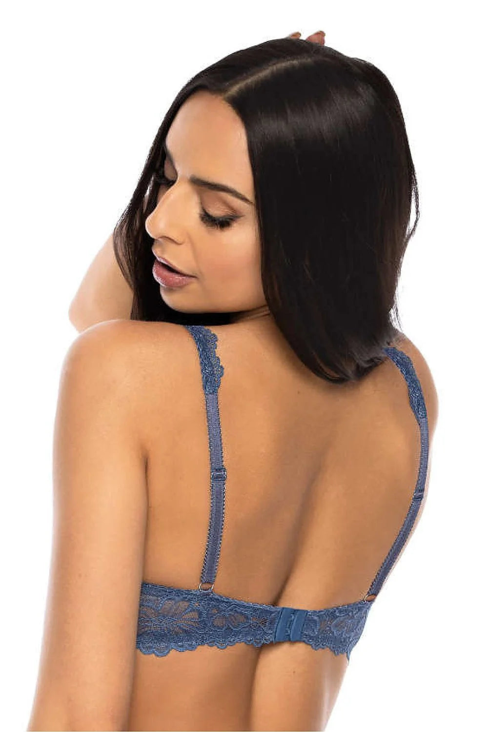 soutien gorge rembourré dentelle bleu ardoise armatures bretelles larges décolleté plongeant bonnets galbés coques maintien structuré ornement doré confortable élégant