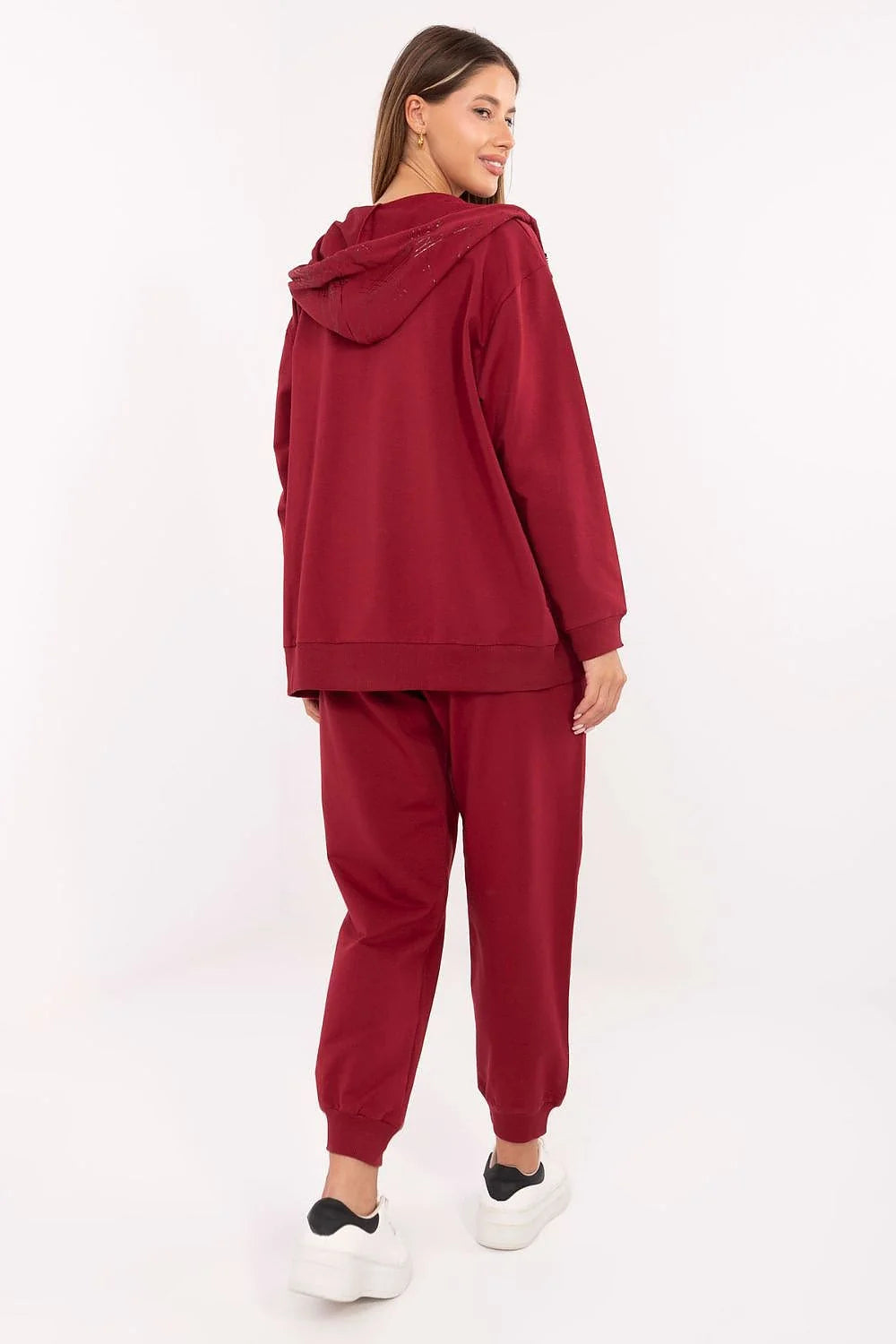 ensemble survêtement femme bordeaux molleton léger sweat capuche zippé liseré pantalon jogger taille haute cordon poches latérales côtelés confortable
