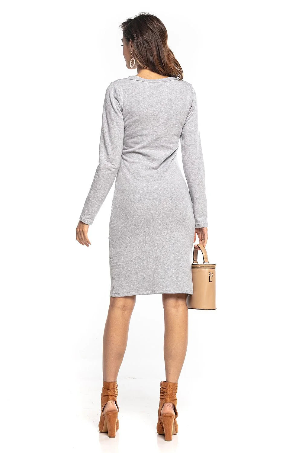 Robe kaki coton moderne élégante coupe ajustée col V manches longues style décontracté chic femmes