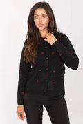 cardigan femme boutonné maille tricotée noir coupe droite longueur hanches col rond manches longues broderies cœurs rouges douceur