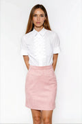 chemise manches courtes femme col pointu plastron plissé boutonné popeline légère coupe ajustée bureau chic coton majoritaire confortable élégante