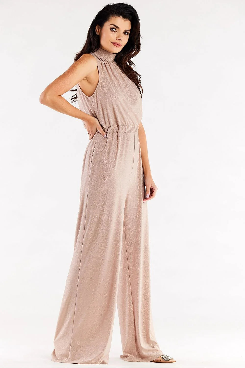 Combinaison awama femme élégante moderne noire scintillante sans manches col noué taille élastiquée occasion spéciale soirée