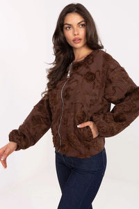 veste bomber femme marron suédée texturée zippée appliqués floraux 3D manches bouffantes poignets froncés poches latérales coupe courte décontractée