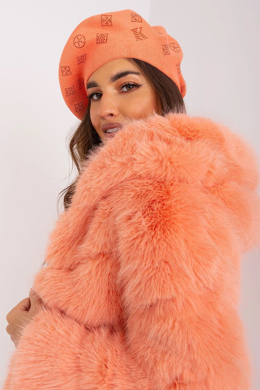 Béret en tricot strass acrylique coton cachemire femme corail manteau faux fourrure col roulé côtelé automne hiver