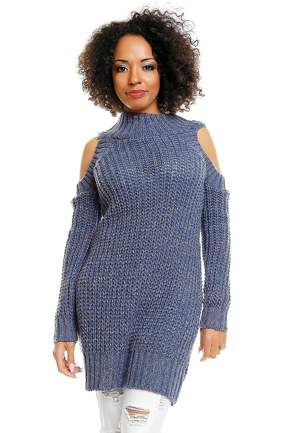 Pull Maille Bleu Clair Épaules Dénudées Chic Confortable Pour Femmes Tendance Hiver Mode Décontractée