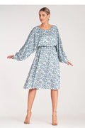 Robe de jour élégante en satin floral manches amples taille élastiquée pour femme longueur midi