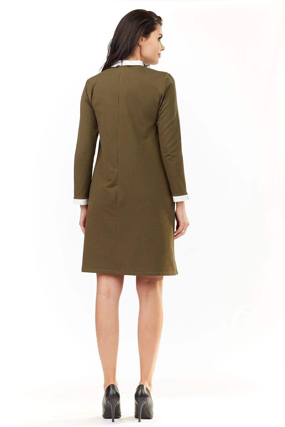 Robe de jour awama simple élégante vert olive manches longues col contrastant fermeture éclair dissimulée coton polyester femme