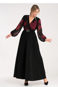 robe longue soirée cocktail noire chiffon plumetis imprimée grandes roses bordeaux cachecoeur manches ballon taille haute ceinture double boucle dorée