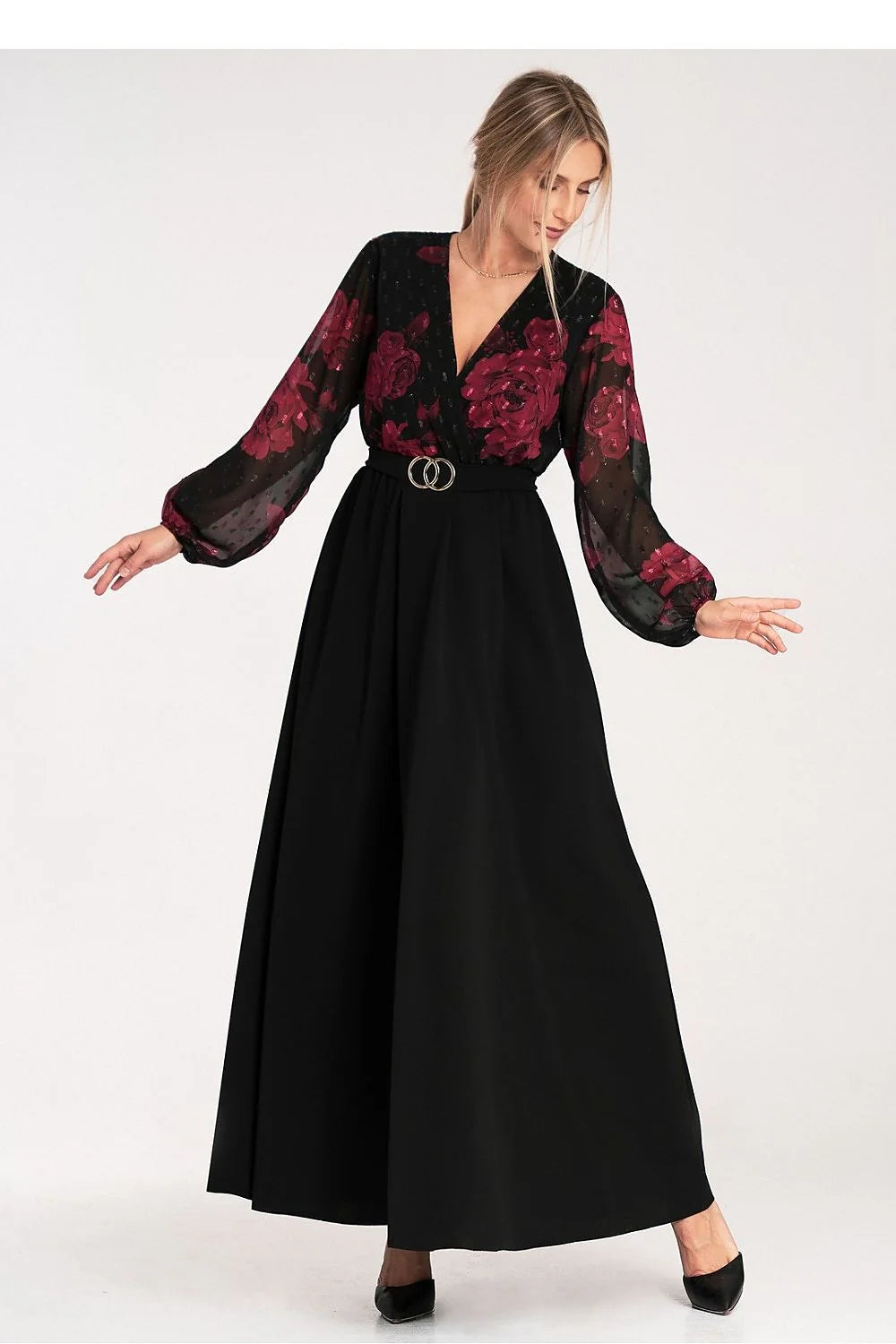 robe longue soirée cocktail noire chiffon plumetis imprimée grandes roses bordeaux cachecoeur manches ballon taille haute ceinture double boucle dorée