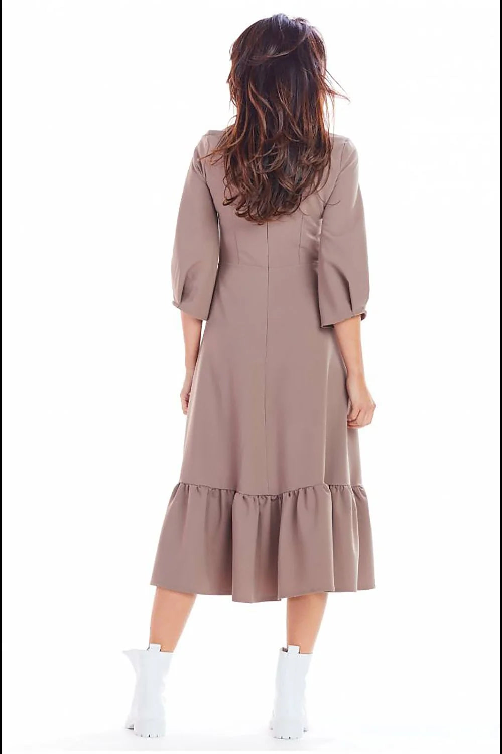 Robe midi élégante taupe ample en coton pour femmes style chic manches trois-quarts polyvalente