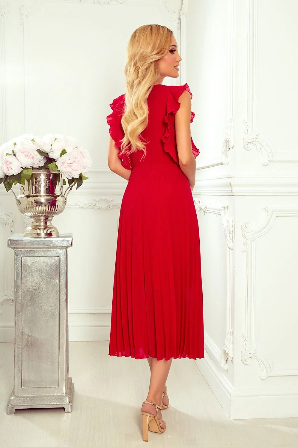 Robe de cocktail élégante vert bouteille décolleté en V épaules volants ceinture taille fermeture éclair dos longueur midi pour femmes tailles S-M-L-XL Numoco Pologne