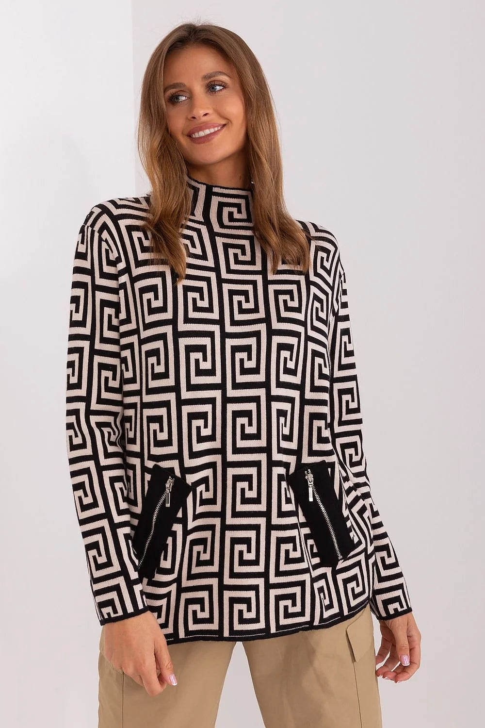 Pull pour femme moderne à motif géométrique labyrinthe manches longues coupe droite poches zippées style graphique