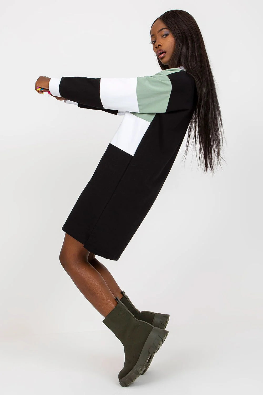Robe de jour Rue Paris style décontracté manches longues col en V coton elasthanne taille ajustable femme