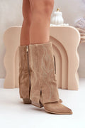 Bottes femelles cuir suédé beige sable hauteur genoux fermeture éclair talons carrés mode élégante