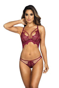 Ensemble de lingerie féminine élégant en dentelle bordeaux, soutien-gorge bustier sans armatures, culotte basse, maille transparente, taille ajustable, lingerie sexy et raffinée pour femme