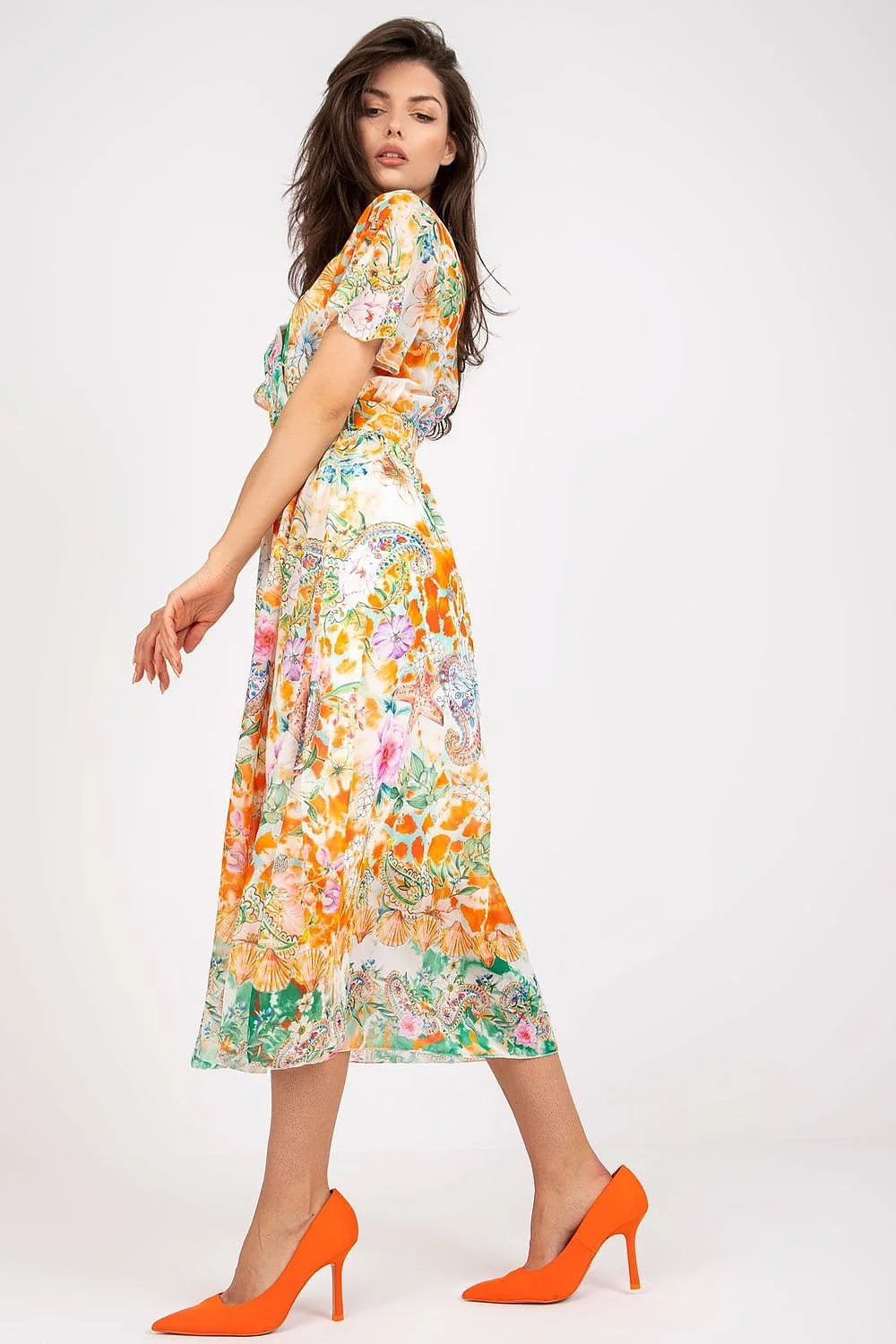 Robe de jour élégante Italy Moda imprimé floral orange vert rose polyester coupe midi décolleté V manches courtes ceinture coordonnée femmes