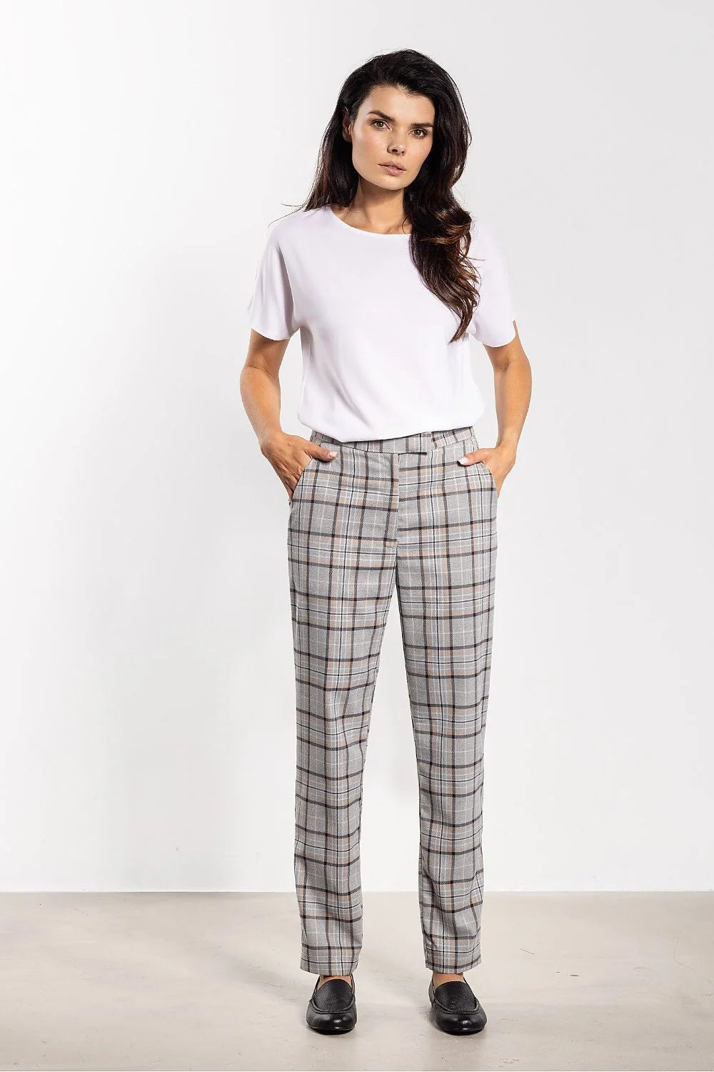 pantalon femme tailoring carreaux princegalles gris fineslignes camel anthracite coupe droite cheville taillemihaute pocheslatérales fermeturefrontale tissu lainé stretch confortable