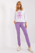 Ensemble de détente pour femmes, sweatshirt blanc ourson, joggers lavande, coton élasthanne, confort moderne