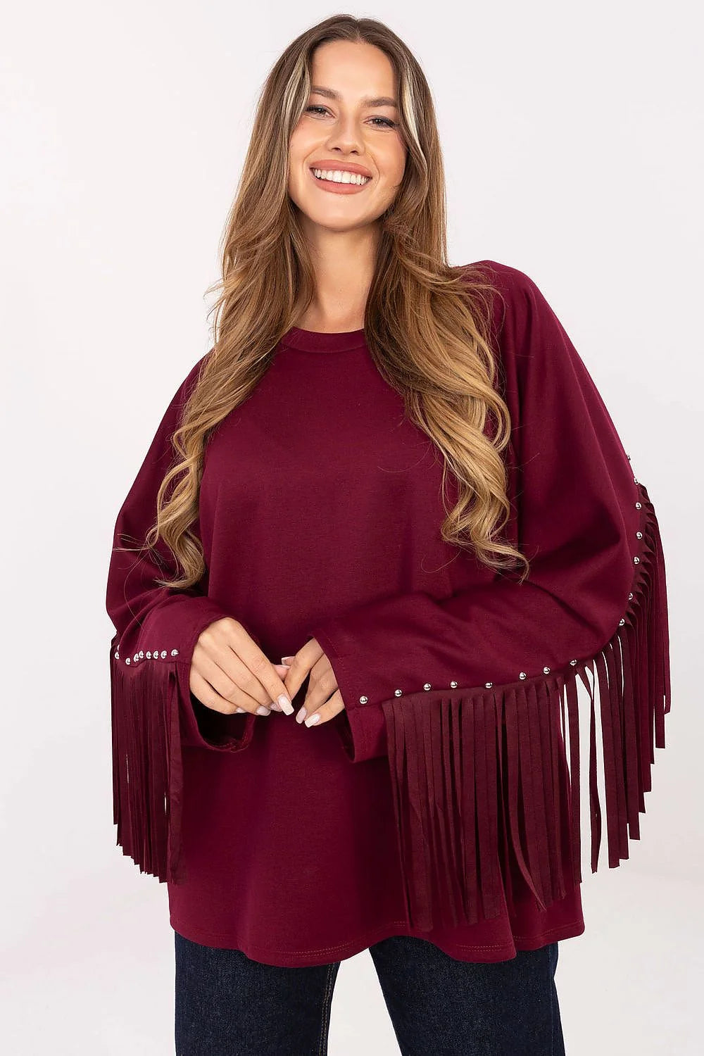 sweatshirt femme bordeaux foncé ample hanches col rond viscose polyester maille douce manches longues franges suédine rivets argentés