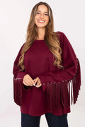 sweatshirt femme bordeaux foncé ample hanches col rond viscose polyester maille douce manches longues franges suédine rivets argentés