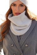 snood tube femme maille pelucheuse gris perle effet chenille angora stretch tubulaire chaud doux cocooning élégant