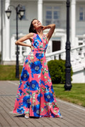 Robe de jour Roco Fashion longue motif floral bleu rose V neckline bretelles fines taille ajustée occasion spéciale femme
