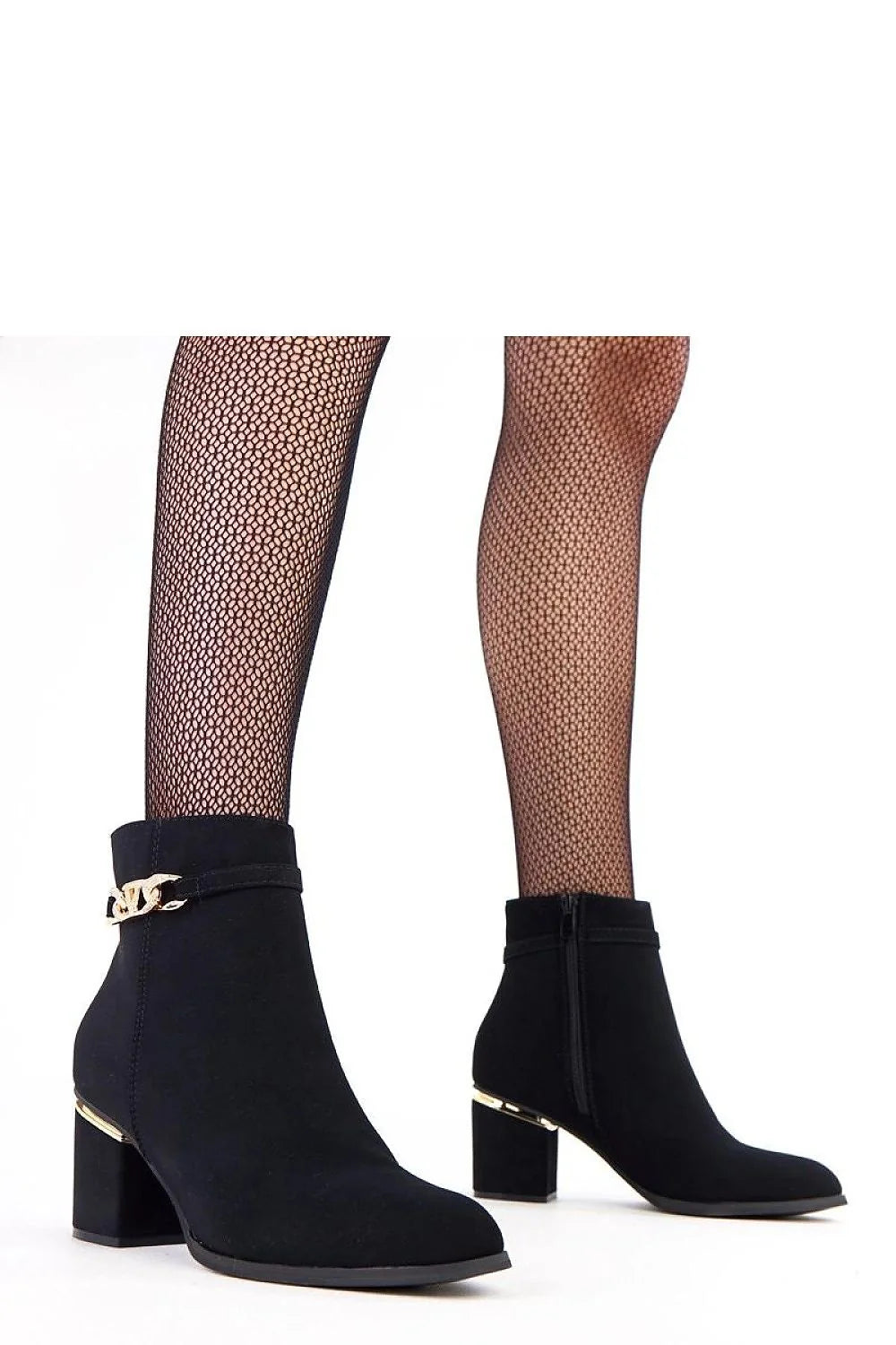 bottines cheville talon carré moyen suédine noire bout amande dorée zircons brillants chaîne bande métallique fermeture éclair latérale