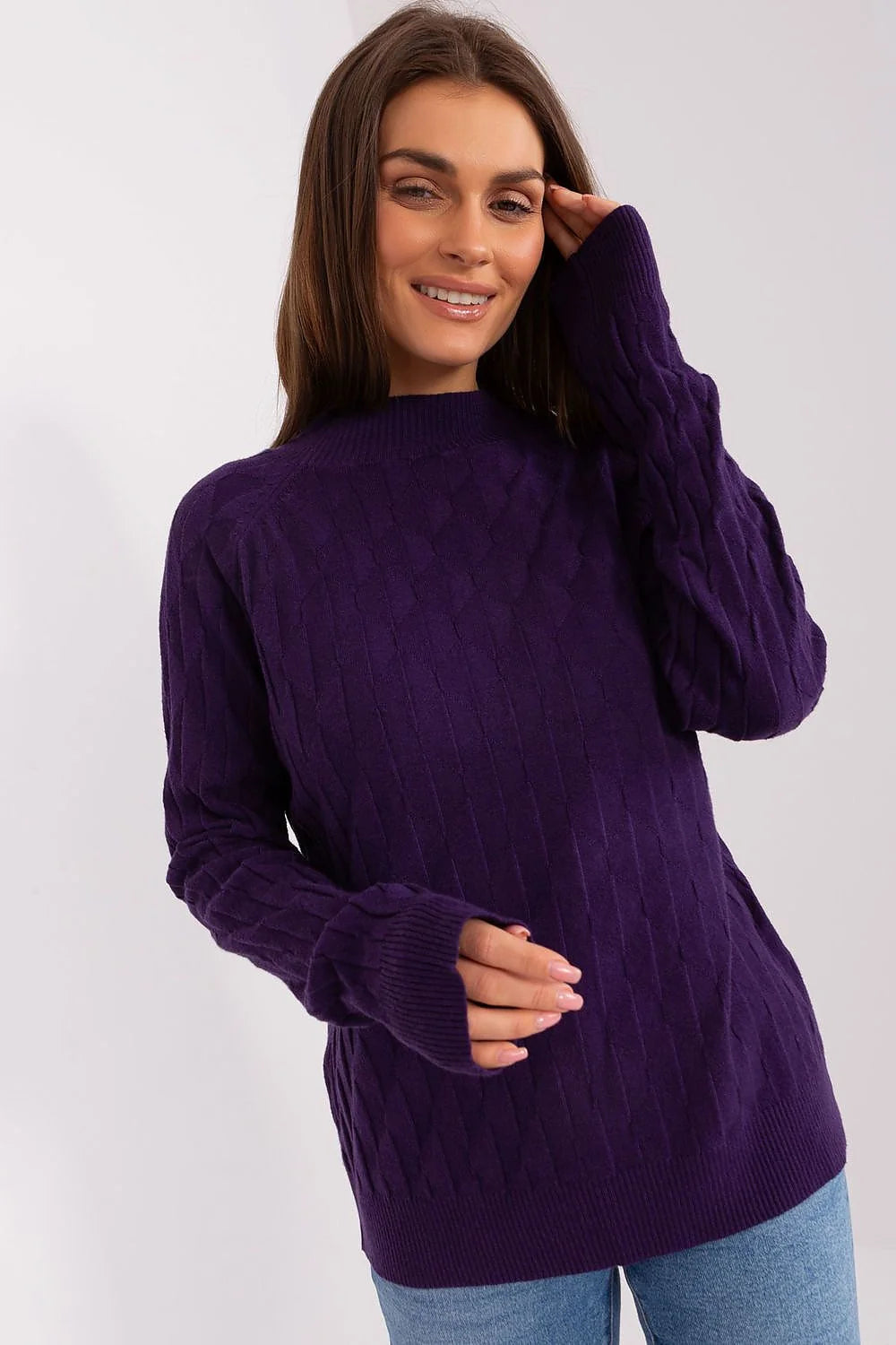 Pull femme élégant violette texture torsadée manches longues col rond monté coupe droite matériau polyester doux